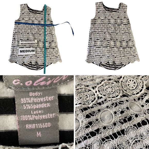 C Oliver Top Women Medium Lace Overlay Blue Stripe Tank Boho Nautical Officecore - Picture 6 of 13